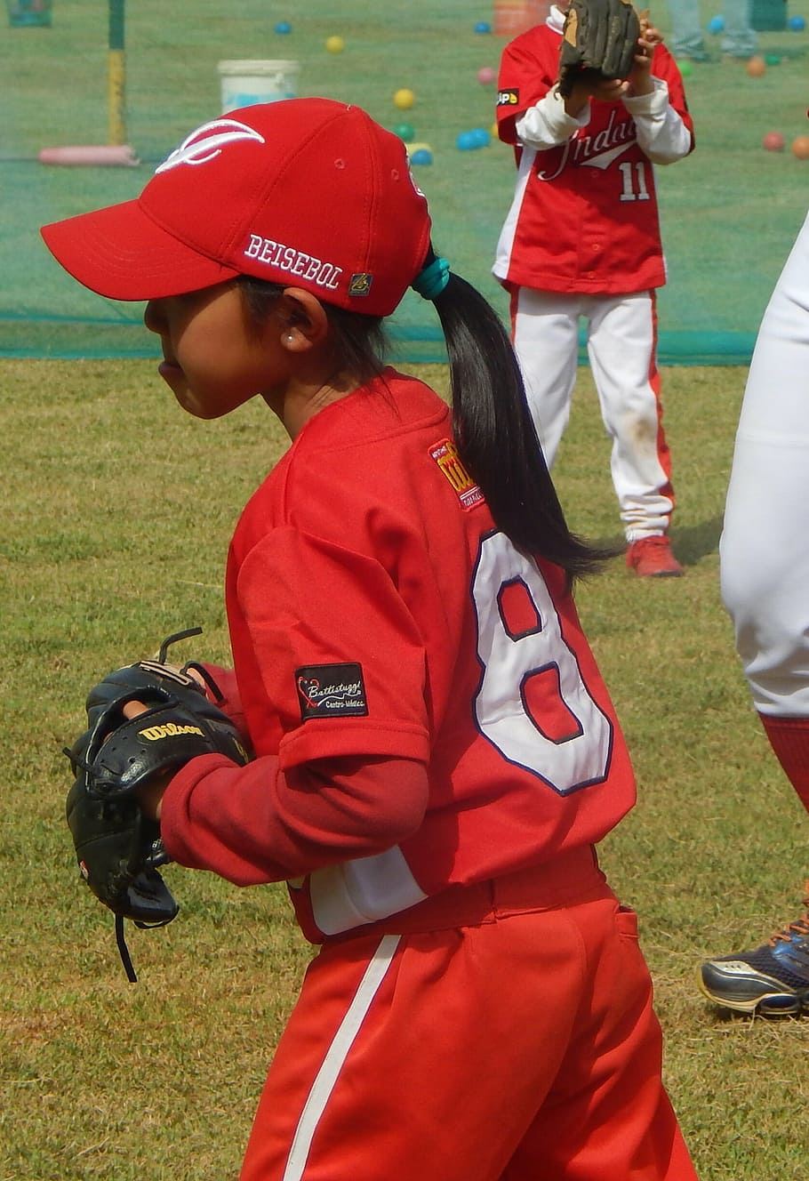 basebal, baseball, red uniform, girl, game, hair, child, ethnicity, HD wallpaper