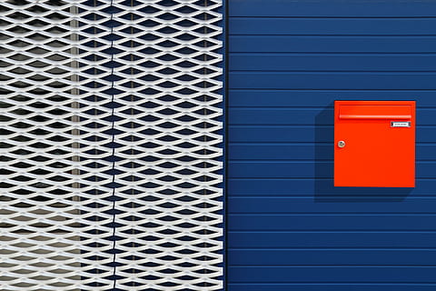 red wall-mount box, expanded metal, mailbox, building, blue HD wallpaper