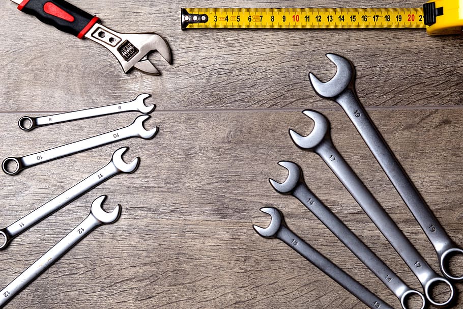 eight gray open wrenches, tool, repair, work, metal, roulette