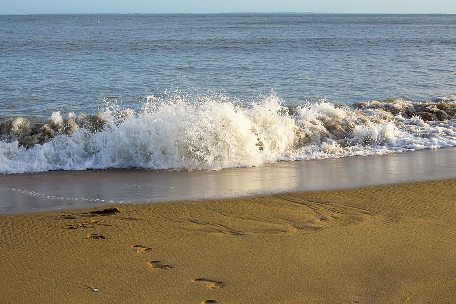 beach, surf, sea, wave, france, sunset, nature, water, beauty in nature HD wallpaper