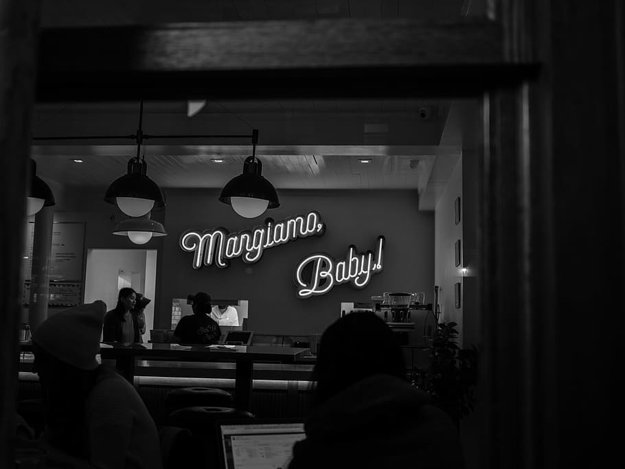 grayscale photography of Margiamo Baby! neon sign, Marglama Baby LED signage HD wallpaper