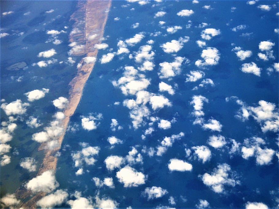 the clouds, view, the plane, blue, nature, weather, sky, day HD wallpaper