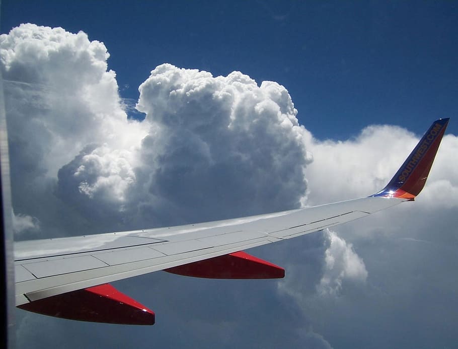 Plane, Clouds, Flight, Wing, Flying, sky, above, blue, airplane HD wallpaper