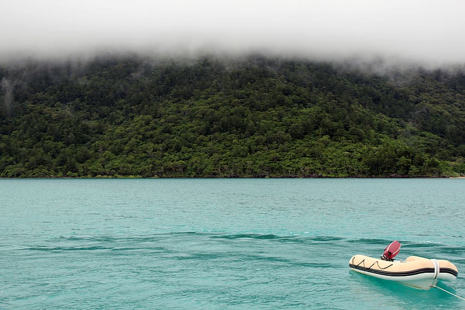 sail, dinghy, sea, clouds, island, blue, turquoise, boot, ship HD wallpaper