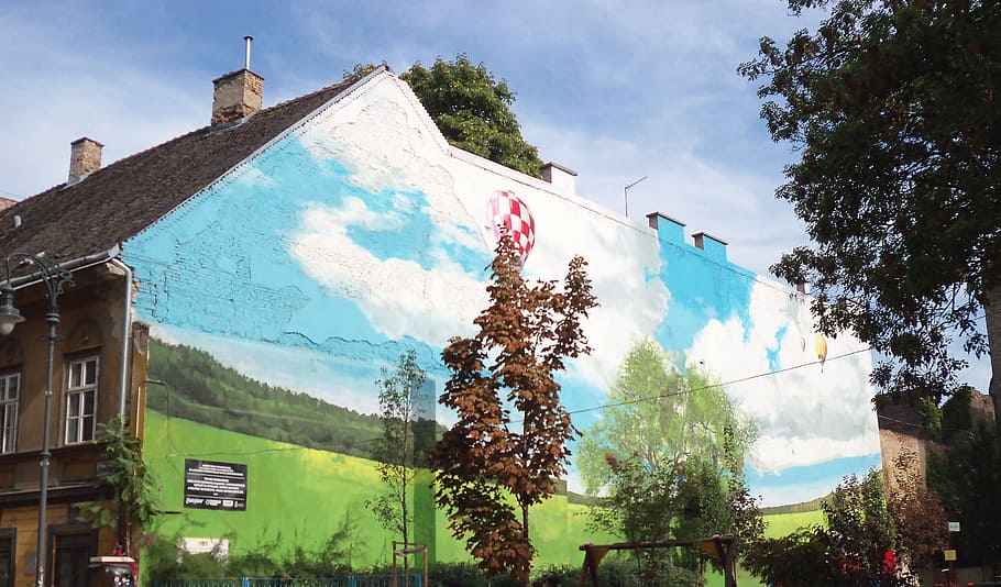 wall, painting, clouds, idyll, tree, sky, plant, building exterior HD wallpaper
