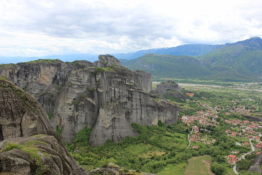 meteora, greece, rocks, mountain, landscape, scenics - nature HD wallpaper