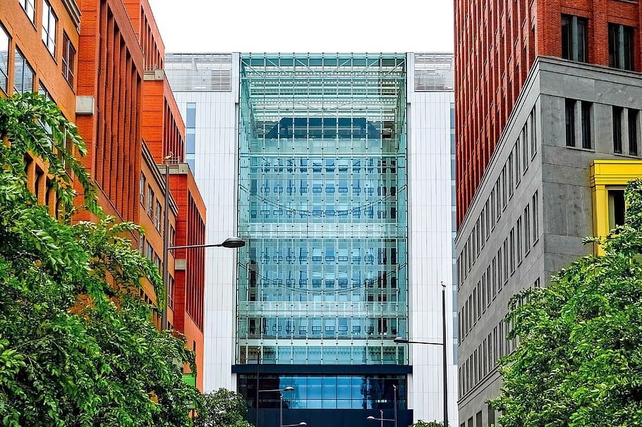 building, brick, glass, modern, architecture, urban, construction HD wallpaper
