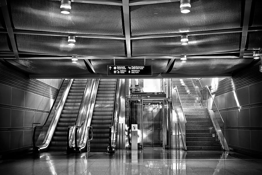grayscale photo of empty escalator, stairs, elevator, glass, architecture, HD wallpaper