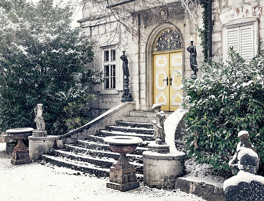 concrete stairs covered with snow, villa, home, staircase, input HD wallpaper