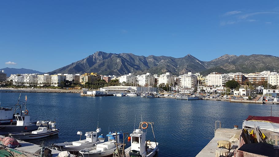 port, marbella, andalusia, water, mountain, nautical vessel, HD wallpaper