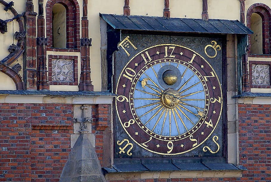 purple and blue clock, old clock, the town hall clock, wrocław, HD wallpaper