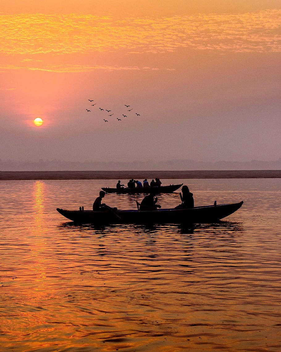 boat, river, sunrise, water, transport, varanasi, sunset, sky, HD wallpaper