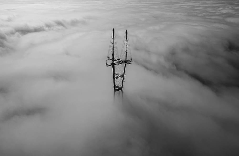 black and white, clouds, cloudscape, fog, high angle shot, metal HD wallpaper