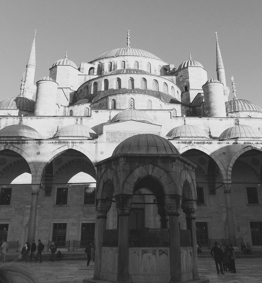 mosque, building, black and white, built structure, architecture HD wallpaper