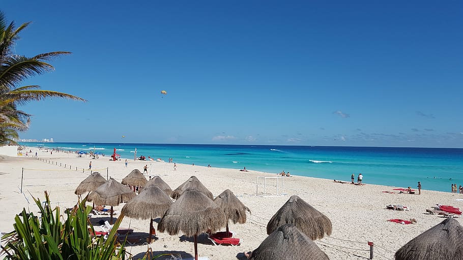 beach, sand, blue, sea, water, land, sky, horizon over water HD wallpaper