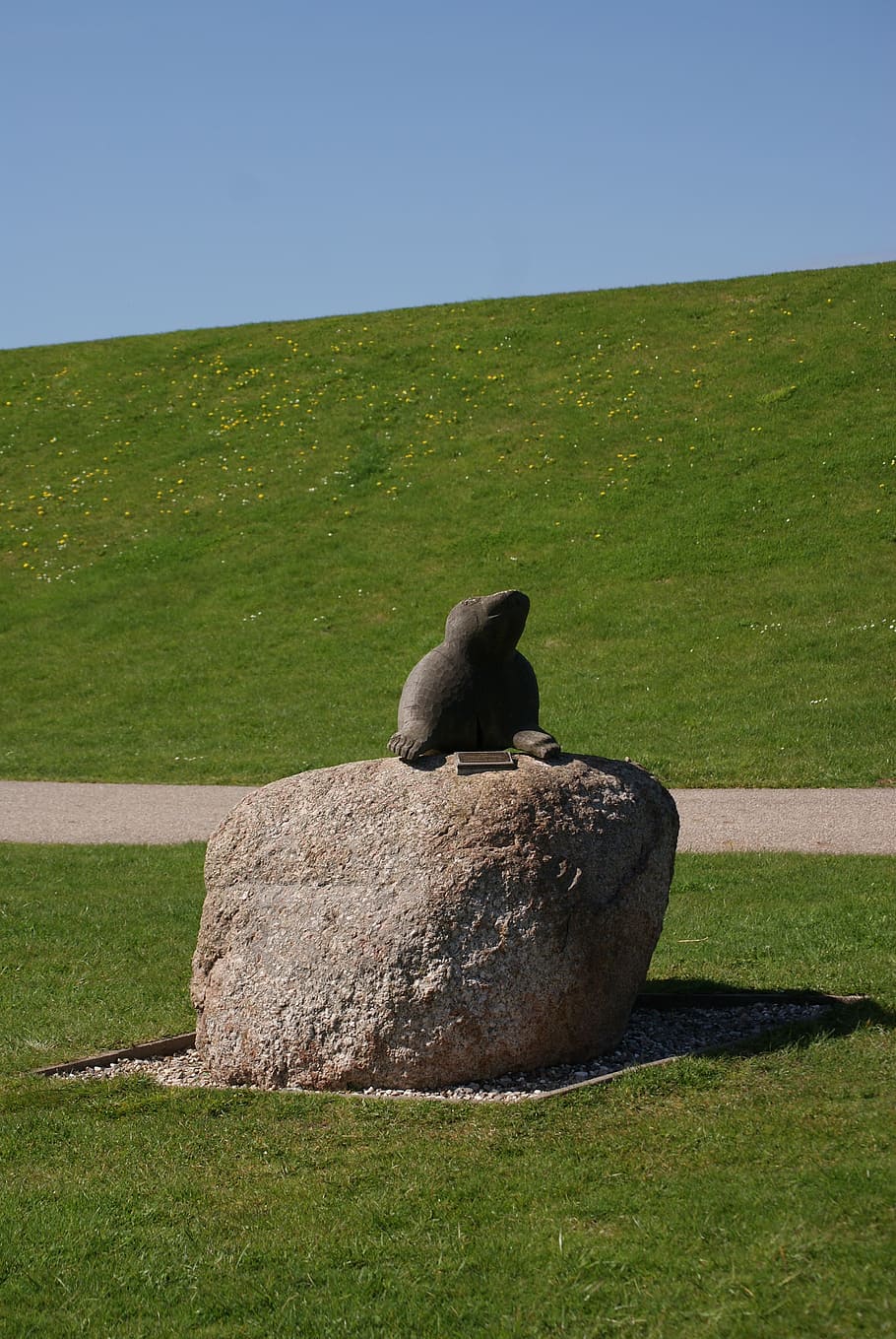foka, figure, grass, sky, monument, green, animal themes, mammal HD wallpaper
