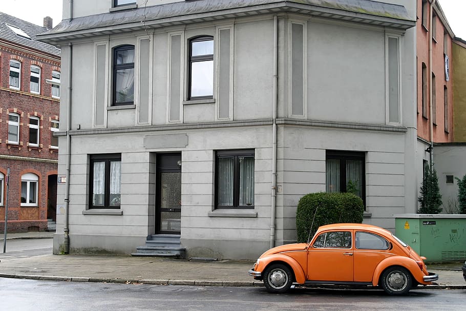 home, road, beetle, pkw, orange, old town, architecture, built structure HD wallpaper