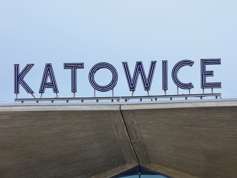 railway station, the inscription, katowice, city, sky, silesia, HD wallpaper