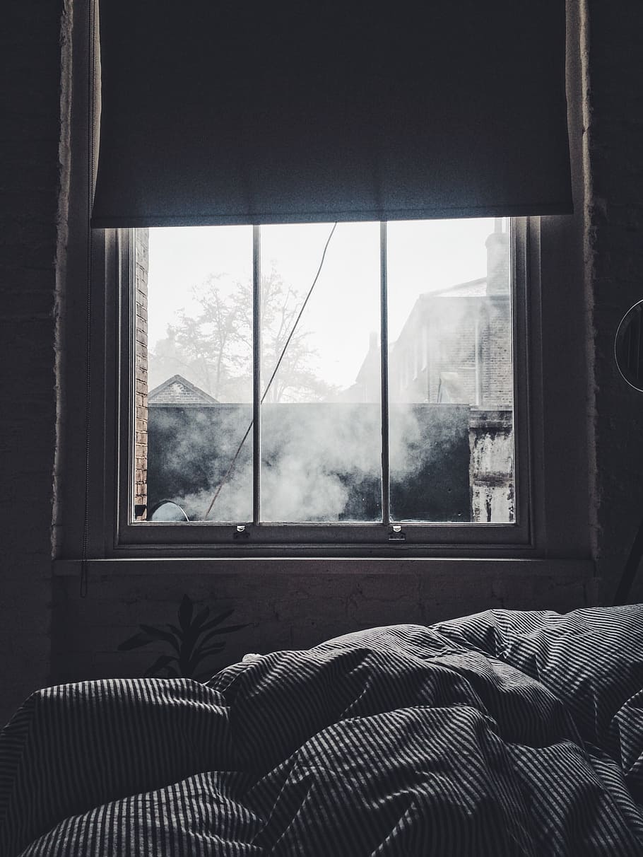 grayscale photo of smoke outside near room window at daytime, photo of opened window HD wallpaper
