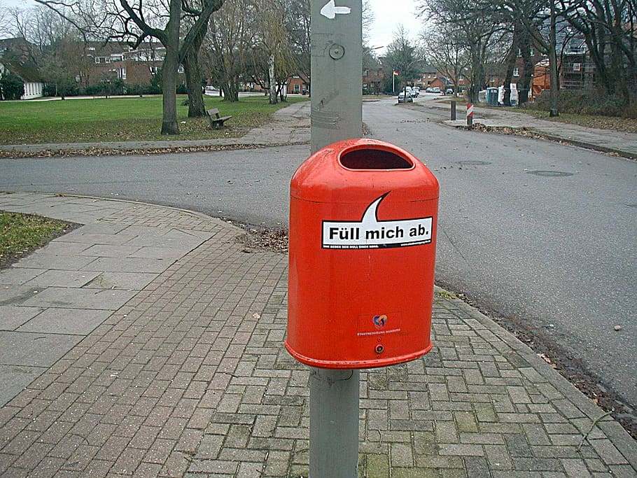garbage can, waste, hamburg, urban, communication, text, western script HD wallpaper