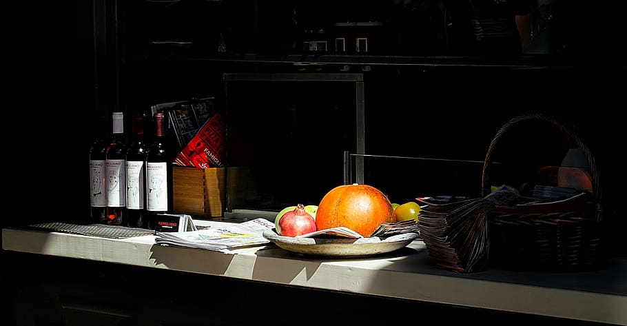 restaurant, scene, counter, interior, fruit, wine, food and drink HD wallpaper