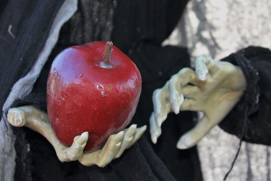 person holding red apple, halloween, poisoned apple, decor, all hallow's eve