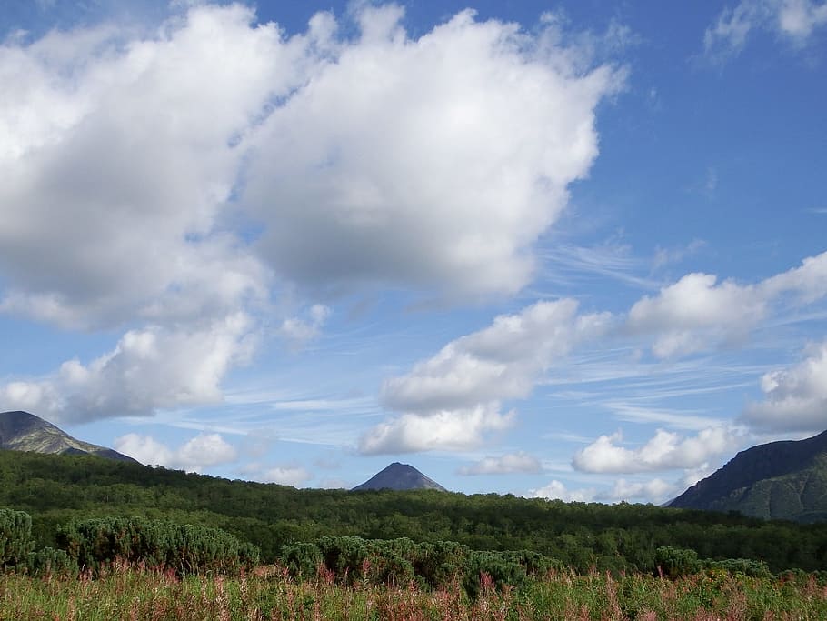 summer landscape, sky, clouds, mountains, forest, nature, journey HD wallpaper