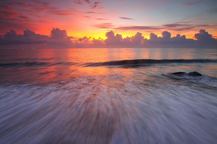 sea, dawn, landscape, sky, beach, clouds, lights, long exposure HD wallpaper