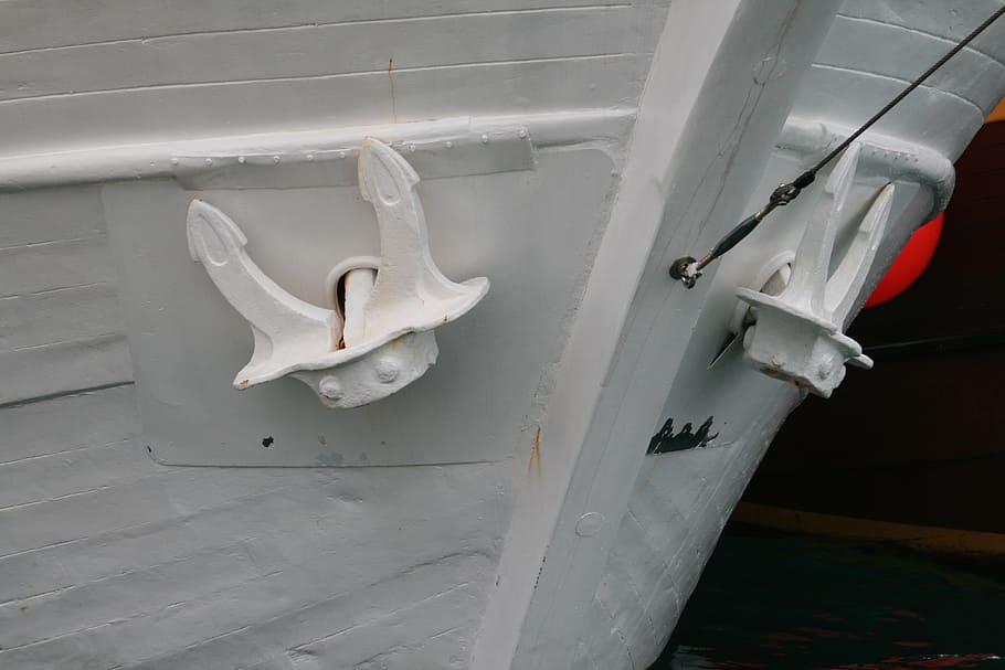 boat, anchor, sea, white color, no people, animal, wall - building feature HD wallpaper