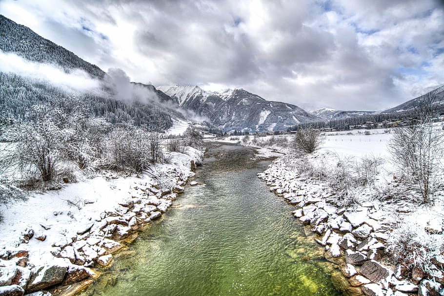 river, austria, winter, hdr, cold, snow, mountain, clouds, rocks HD wallpaper