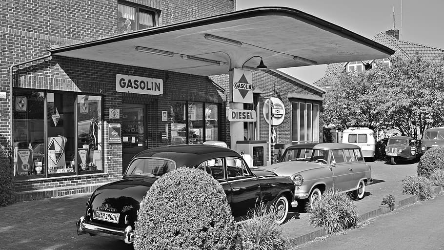 Vintage Gas Station Black White, transport, car, black And White, HD wallpaper