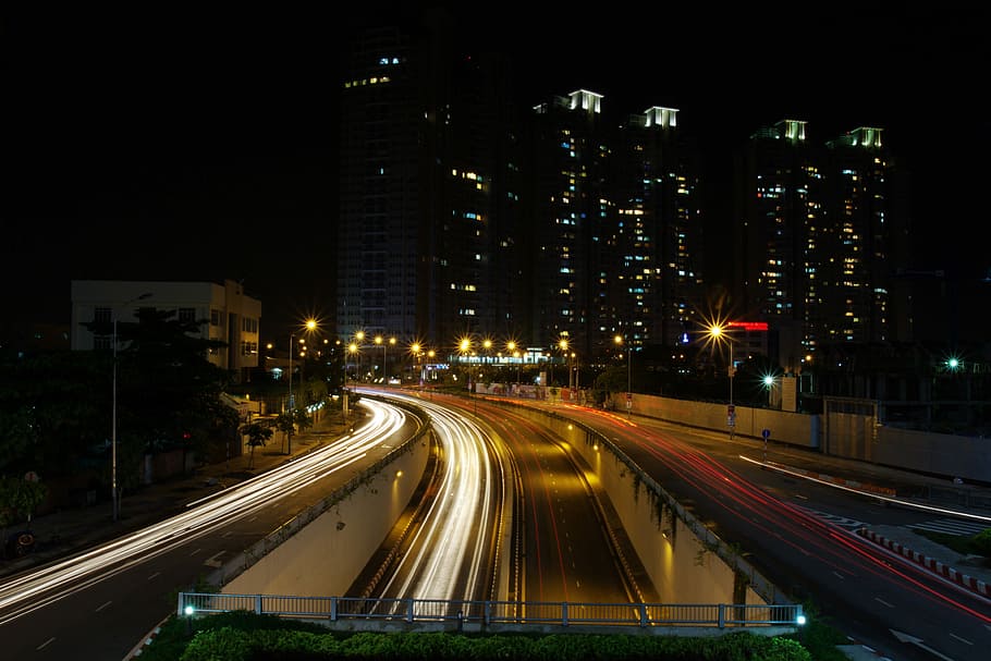Saigon at night with lights and highways in Vietnam, city, dark