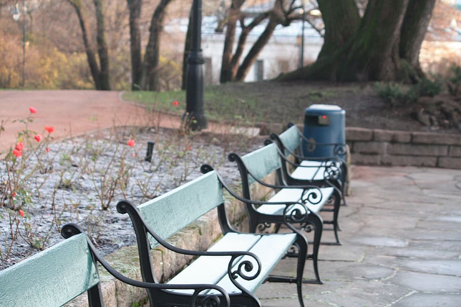 bench, scenic, park, landscape, wooden, outdoor, season, winter HD wallpaper