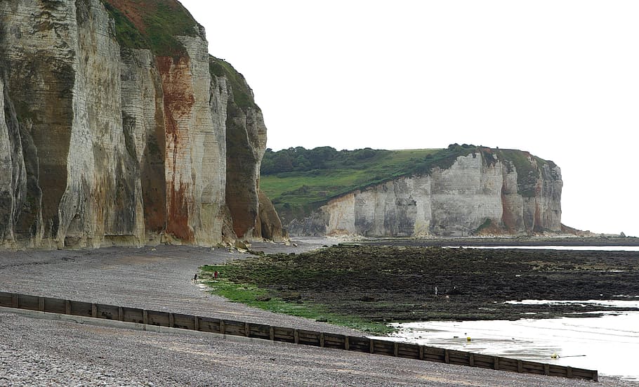 france, normandy, cliffs, beach, limestone, rock, rock formation HD wallpaper