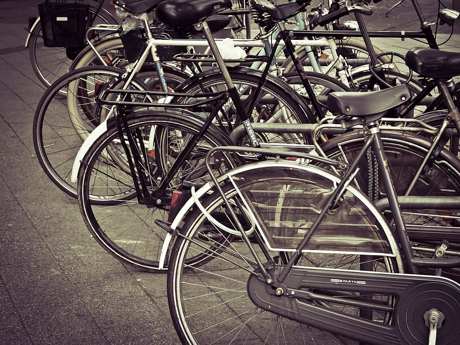 bicycles parked on parking lot, bike, wheel, cycling, transport, HD wallpaper