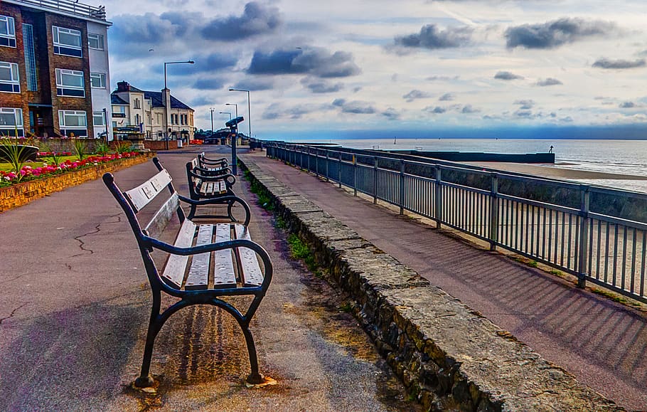 bench, coast, sea, sky, beach, sitting, coastline, shore, walton on the naze
