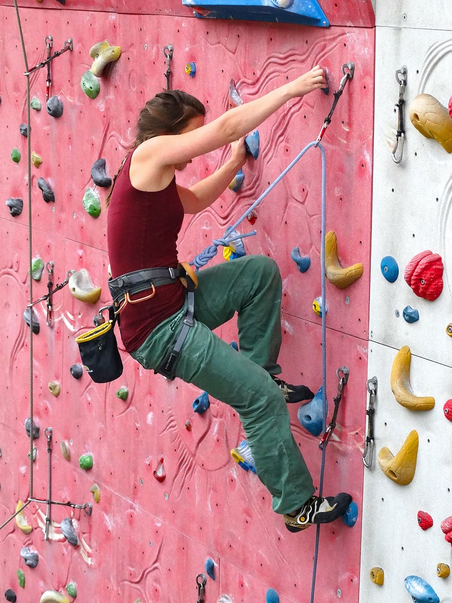 photo of woman in red tank top doing wall climbing, climber, arm strength, HD wallpaper