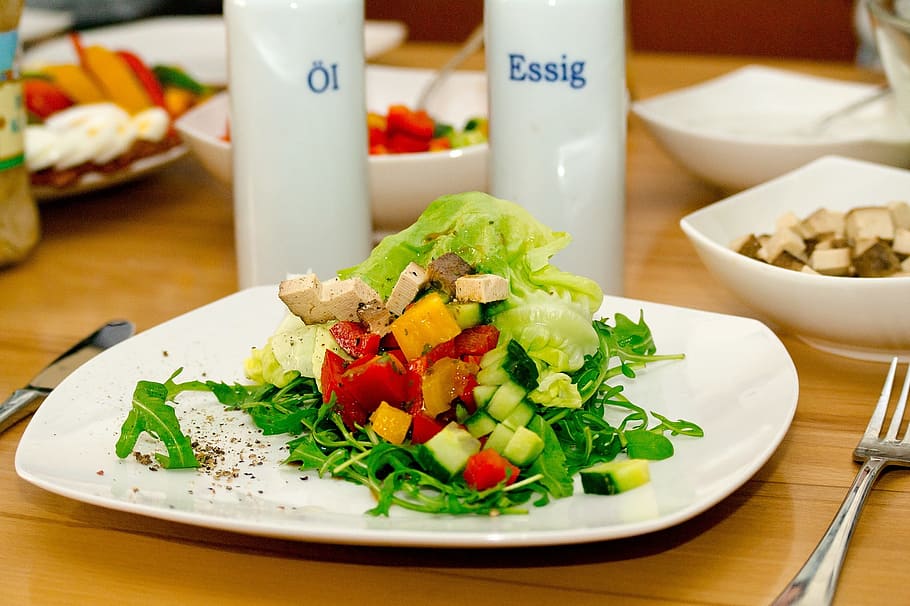 vegetable salad on white ceramic plate, tofu, eat, food, food and drink HD wallpaper