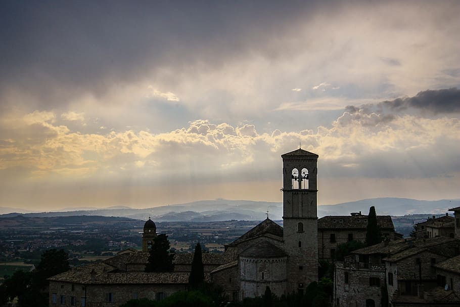 village during sunset, assisi, italy, church, tuscany, architecture, HD wallpaper