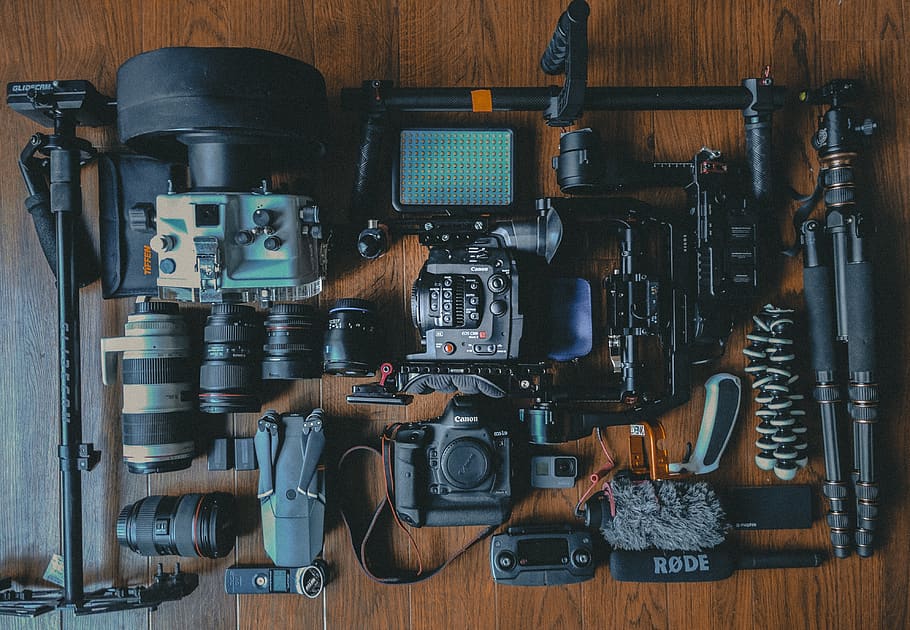 camera, gear, photoshoot, video, lens, light, tripod, glider, HD wallpaper