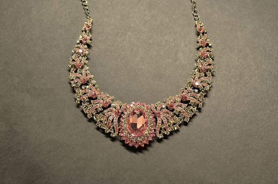 women's silver-colored necklace with pink gemstones, valuables HD wallpaper