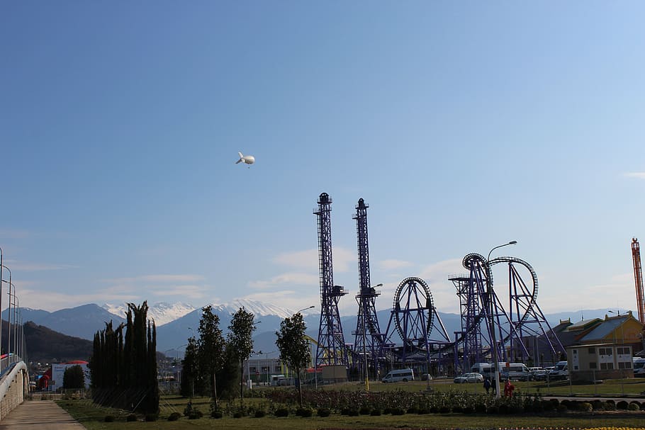 roller coaster, mountains, sochi, olympic park, sky, architecture HD wallpaper