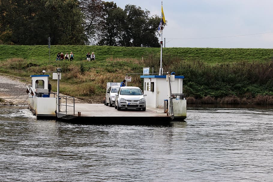 ferry, auto, river, elbe, elbe ferry, prettin, mode of transportation HD wallpaper