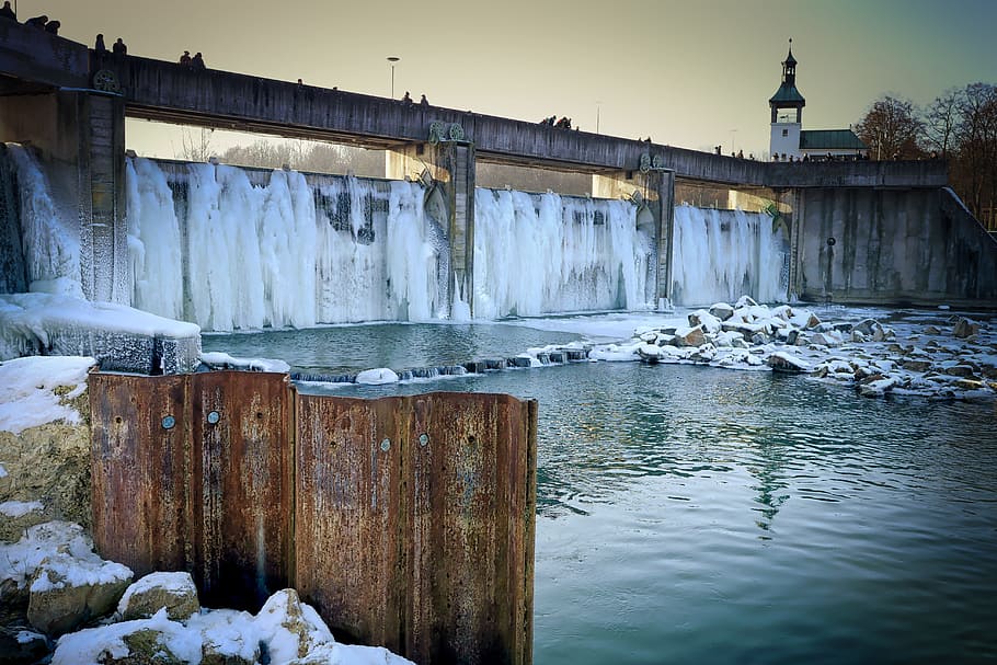 waters, river, travel, winter, dam, lock, frozen, barrage, ice HD wallpaper