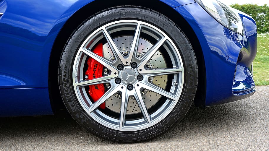chrome-colored multi-spoke vehicle wheel and tire, mercedes-benz