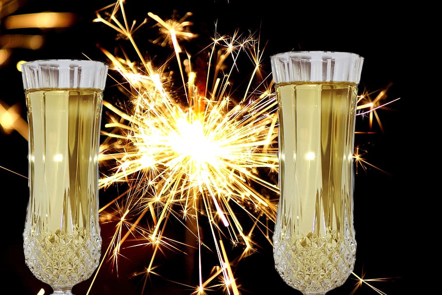 photo of brown spark light, new year's eve, champagne glasses, HD wallpaper