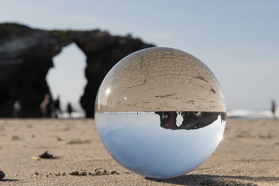 glass bowl on shore, to cathedral, spain, glass ball, photo sphere