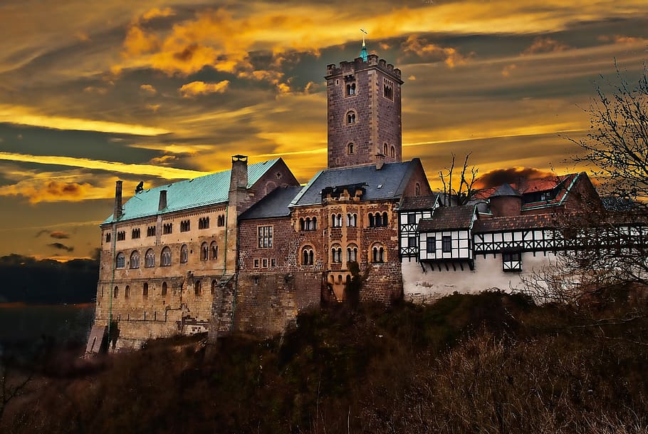 gray and blue concrete house during sunset, thuringia germany, HD wallpaper