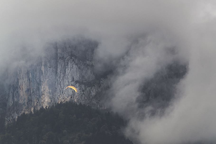 selective color of air gliding near fog, gray mountain surrounded white fog HD wallpaper