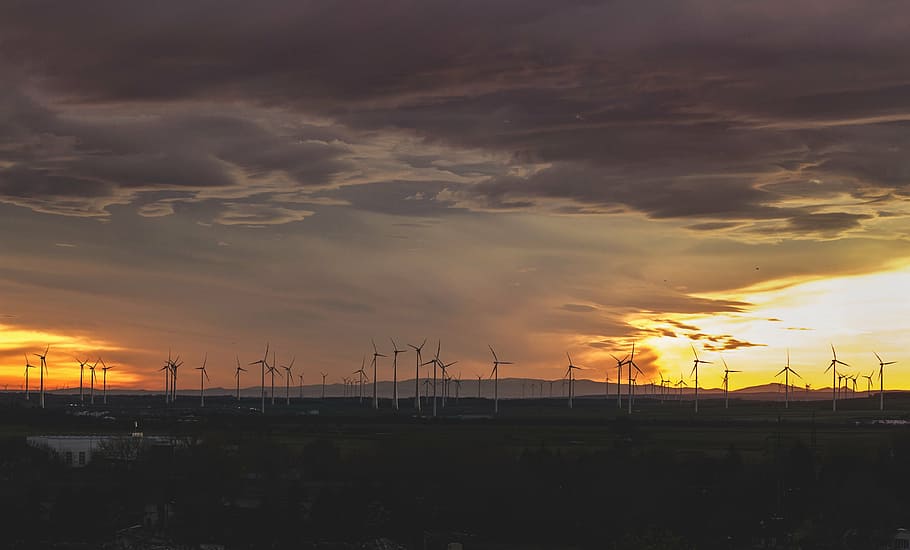 windmills during cloudy day, turbines, field, grass, landscape HD wallpaper
